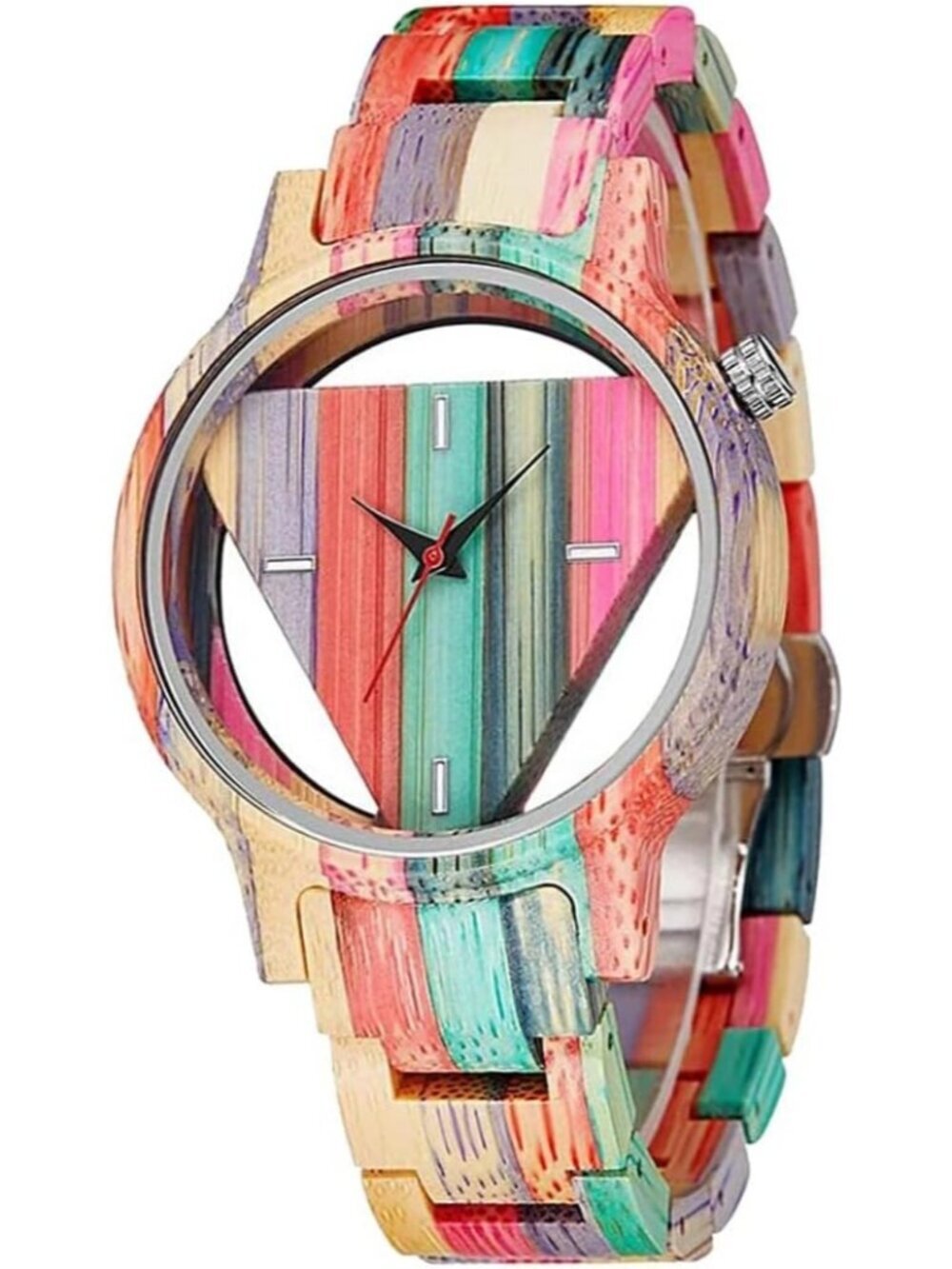 Men's Multi Color Analog Quartz Triangle Handmade Colorful Bamboo Wooden Watch